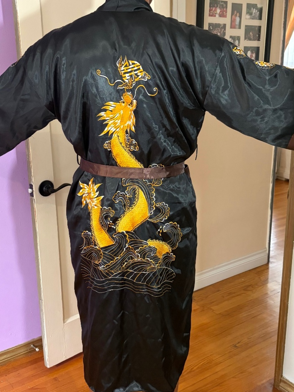 Black Satin Dragon Embroidered Kimono Robe